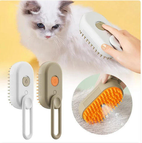 Person brushing a white cat with the Peluma mist grooming brush, with both brush colours shown