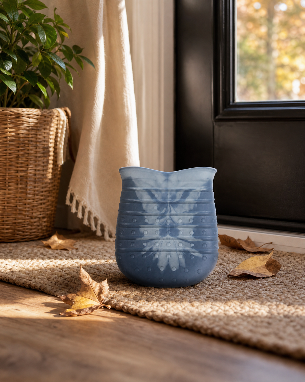 The Peluma paw wash cup standing on a doormat by the front door