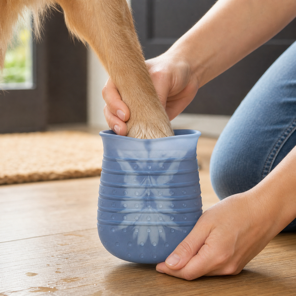 A dog's paw being lowered into the Peluma paw wash cup on a wooden floor by the front door