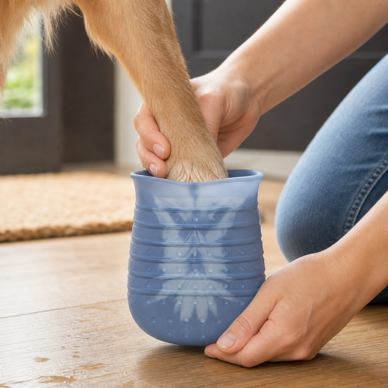 A dog's paw being lowered into the Peluma paw wash cup on a wooden floor by the front door
