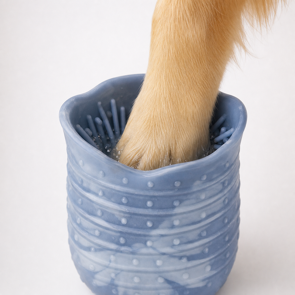 A dog's paw resting inside the Peluma paw wash cup, showing the soft silicone bristles that line the inside