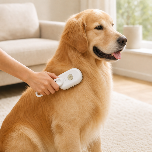 The Peluma mist grooming brush being used on a golden retriever's shoulder in a bright living room